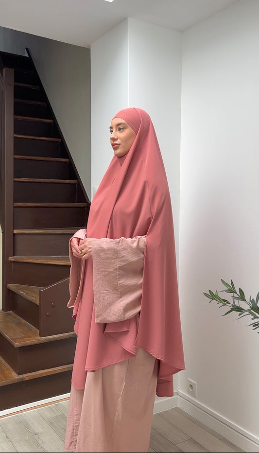 Maxi khimar à fentes soie de Médine rose